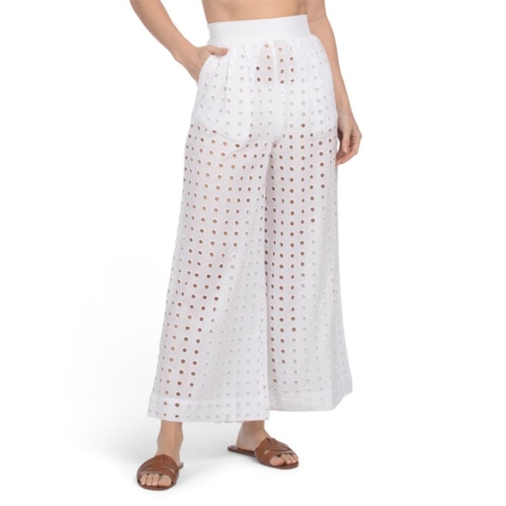 Chic White Eyelet Wide-Leg Pants sz Large white True Destination cotton
